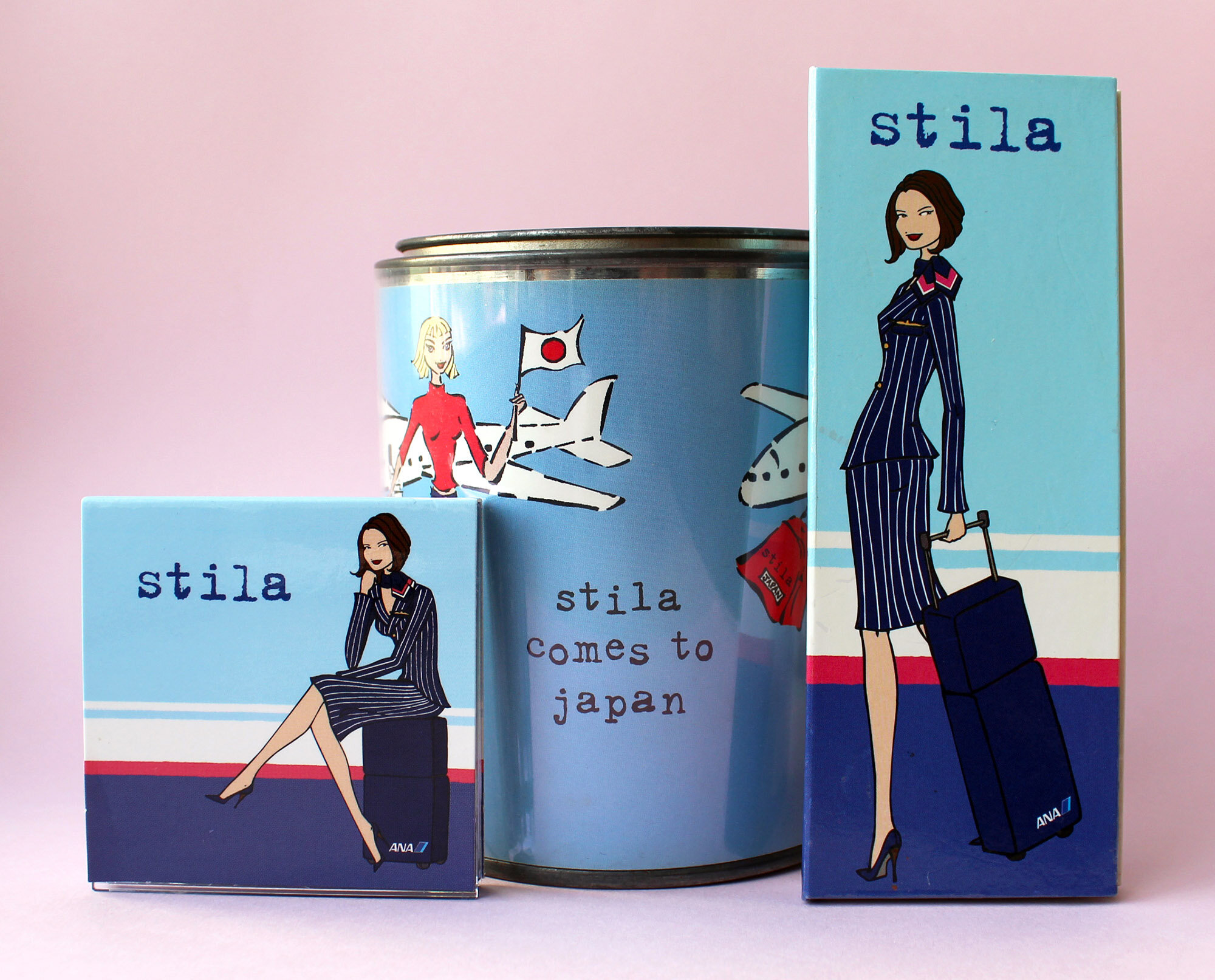  Lip Glaze and Eyeshadow Palettes Japan Paint Can  ca. 1999-2002  Stila collaborated with ANA airlines to create two products that were sold exclusively in duty-free shops in Asia.  The paint can commemorates Stila’s expansion in the Japanese market