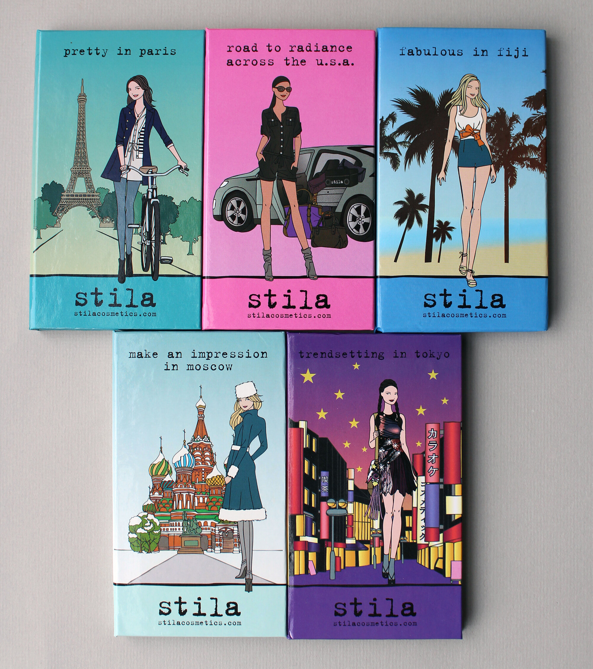   Travel Palette Series  2010  In the summer of 2010 Stila rekindled its fondness for travel-themed packaging and color stories.  These palettes, along with the ones released in 2011 and 2012, represent a re-interpretation of the Color Voyage series 
