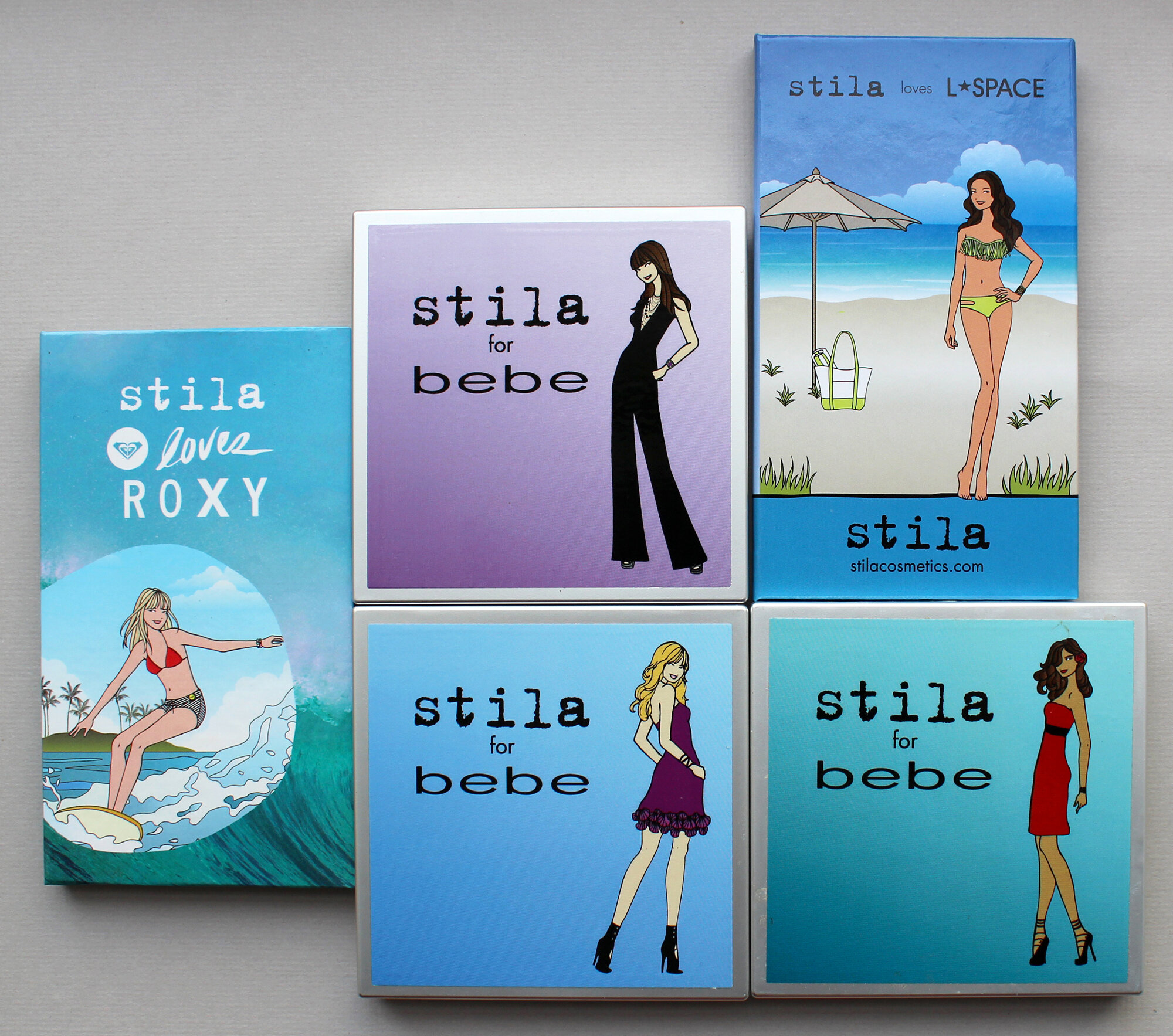   Roxy, L-Space and Bebe Palettes  2011 (Roxy), 2013 (L-Space) 2008 (Bebe)  Starting around 2008, Stila began partnering with affordable clothing and accessory lines in addition to movie tie-ins.   