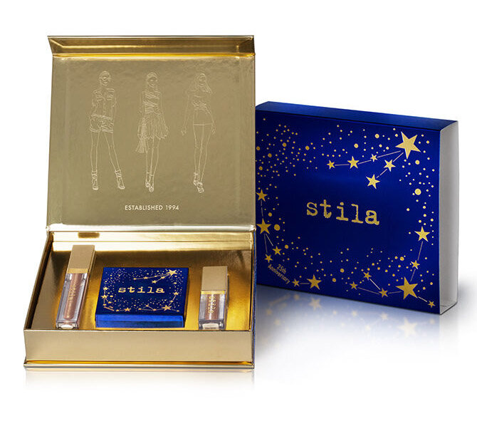   25 Years of Kitten Set  Holiday 2019  Stila released a set containing cream eyeshadow, powder highlighter and lip gloss in the brand’s famous Kitten shade. Three girls are embossed on the inside of the cover, paying homage to Stila’s roots.  Image 