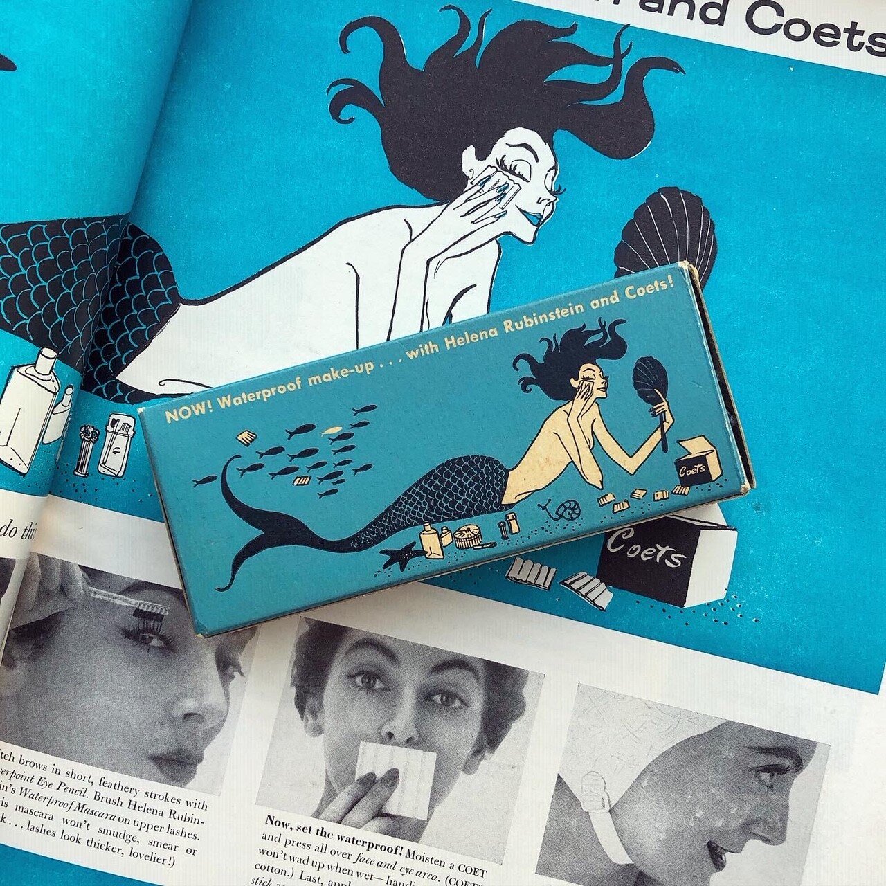   Cotton Pads Coets and Helena Rubinstein   1955   The glamourous mermaid on a box of Coets’ cotton pads and an advertorial in  Vogue  was most likely the creation of fashion illustrator Betty Brader (1923-1986). Brader was best known for her adverti