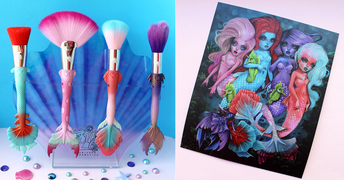   Mermaid Brush Set Unicorn Cosmetics Fall 2017   UK-based indie company Unicorn Cosmetics spent over a year designing intricate and colorful mermaid tail brushes. The artwork was done by American artist Kurtis Rykovich, who created four mermaids to 