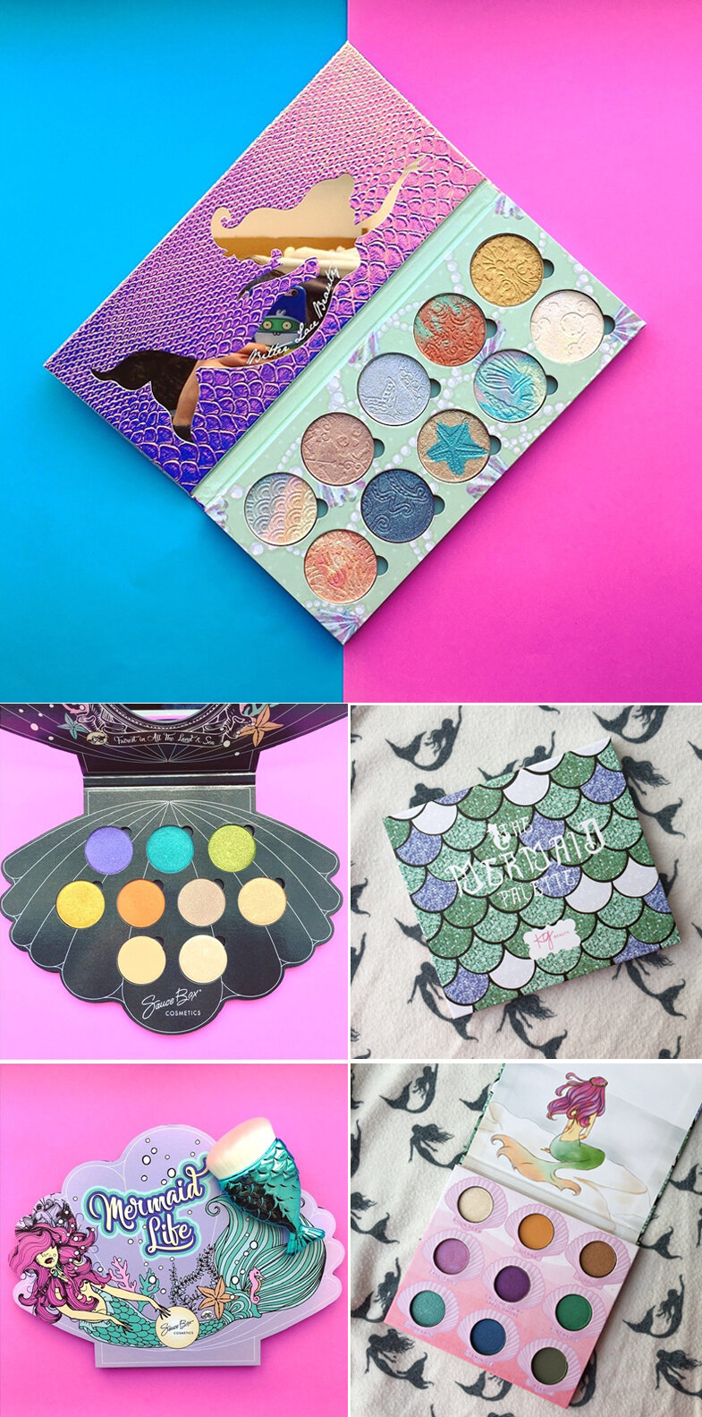   Mermaid Palette, Bitter Lace Beauty, fall 2016 Mermaid Life Palette, Saucebox Cosmetics, Spring 2017 Mermaid Palette, KG Beauty, Spring 2017   Indie beauty brands led the mermaid beauty craze in 2016 and 2017. KG Beauty, Saucebox and Bitter Lace Be