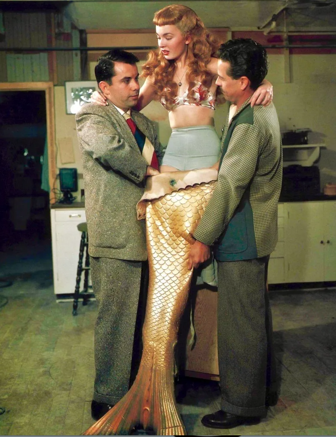   Behind the scenes photo from  Mr. Peabody and the Mermaid   1948   Makeup artist Bud Westmore (left) was charged with the creation of the tail for actress Ann Blyth in Universal’s production of  Mr. Peabody and the Mermaid . The task proved to be a