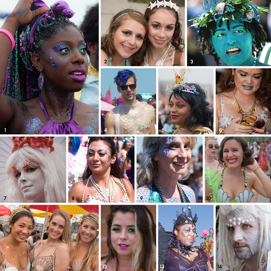   Coney Island Mermaid Parade 2015-2019   Perhaps there is no better demonstration of the spirit of freedom and creativity embodied by mermaid makeup than at New York’s annual Coney Island Mermaid Parade. Part art celebration, part cosplay, the parad