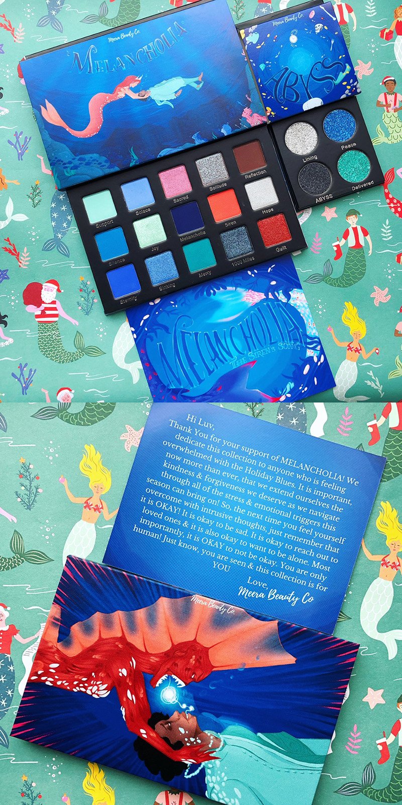   Meera Beauty Co. Melancholia Eyeshadow Palette and Abyss Pressed Glitter Palette Holiday 2021   Instead of embodying the usual festive spirit, BIPOC and LGBTQIA+ owned indie brand Meera Beauty Co. opted to acknowledge the “holiday blues” with their