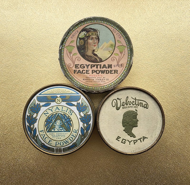   Egyptian Style Face Powder  Marietta Stanley, ca. 1906-1925  Nyalis Face Powder Nyal Company, ca. 1919-1926  Velvetina Egypta Face Powder  Goodrich Drug Company, ca. 1917-1930  Ancient Egypt’s appeal was harnessed by cosmetic companies well over a 