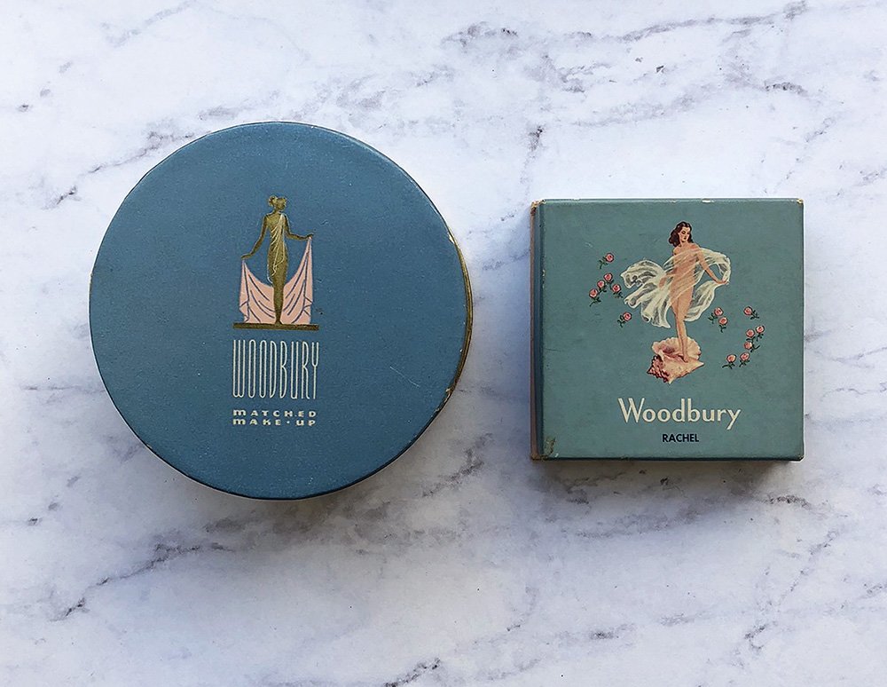   Matched Makeup Kit and Powder Box Woodbury, ca. 1941-1947 and 1948-1954   The Woodbury Company changed its packaging frequently throughout its 100-year history and began incorporating goddess imagery in the early 1930s. According to Modern Packagin