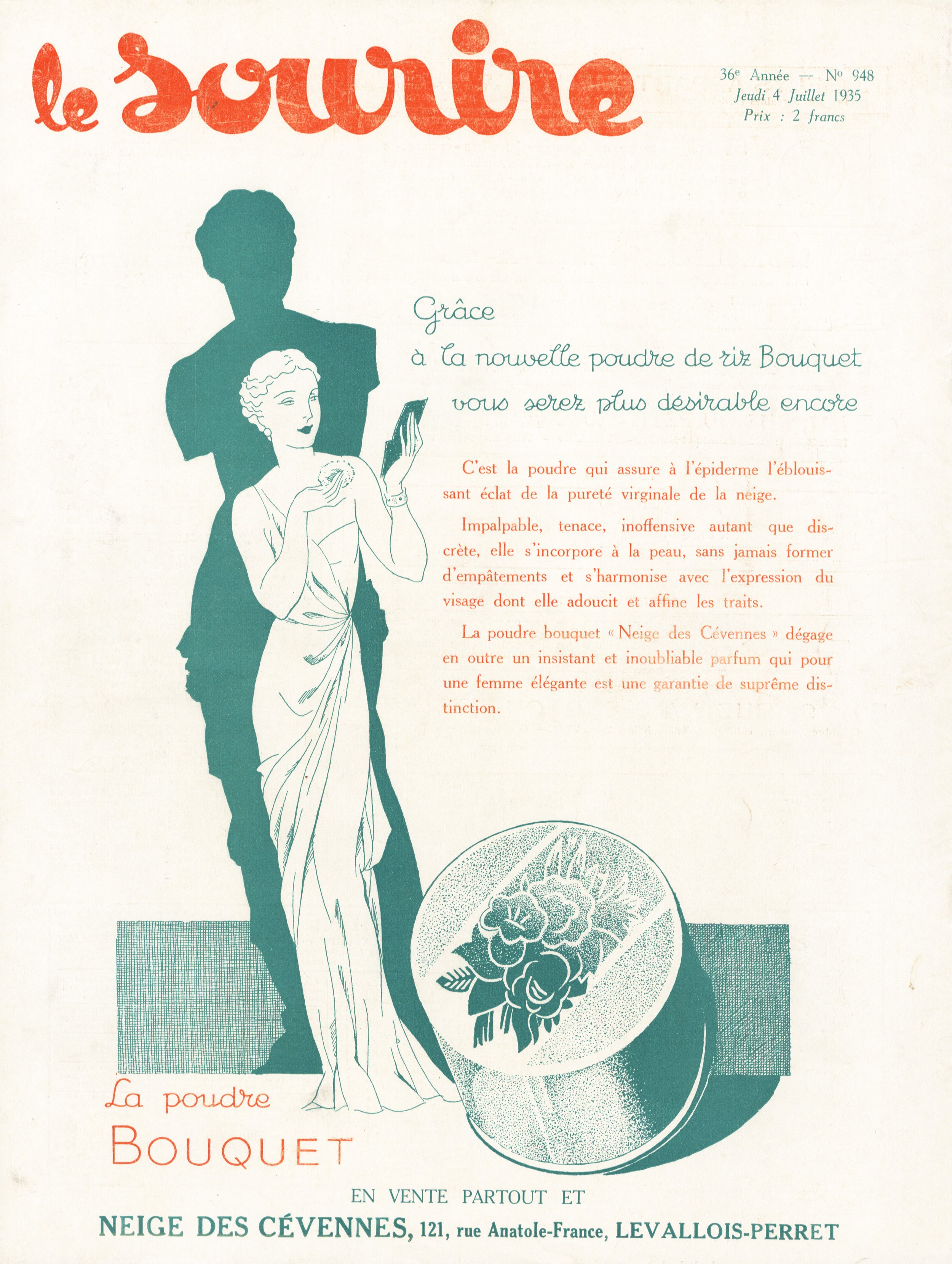   Advertisement Neige des Cévennes , 1935  Her hairstyle and dress echoing those of the Venus de Milo silhouetted behind her, a woman draped in a sleek gown holds a powder puff and glances at a compact mirror. The stark whiteness of the figure hints 