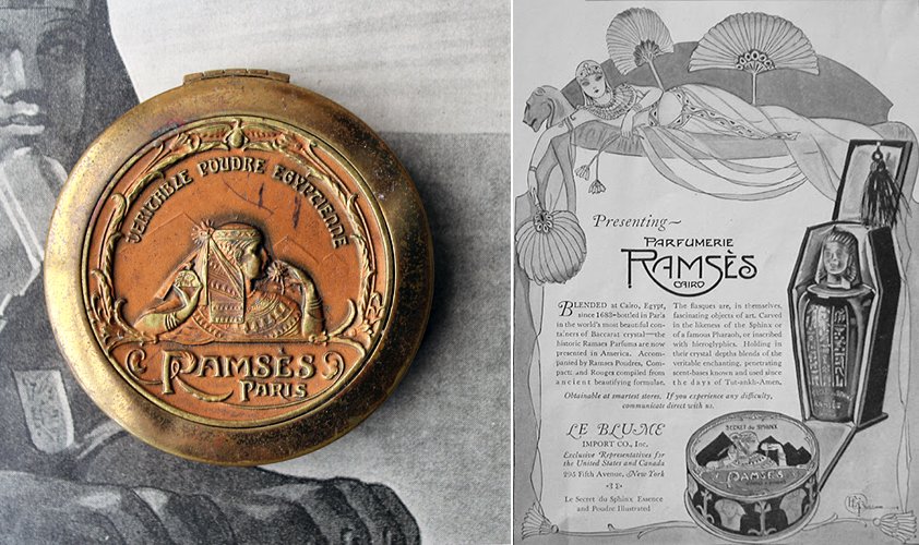  Poudre Egyptienne Compact and Advertisement Ramses Paris, 1923  The  Ramses brand  was founded in 1919 in Paris and selected Le Blume Import Company to distribute the line in the U.S. in 1921. By 1923 ads for the powder boxes and compacts were appea