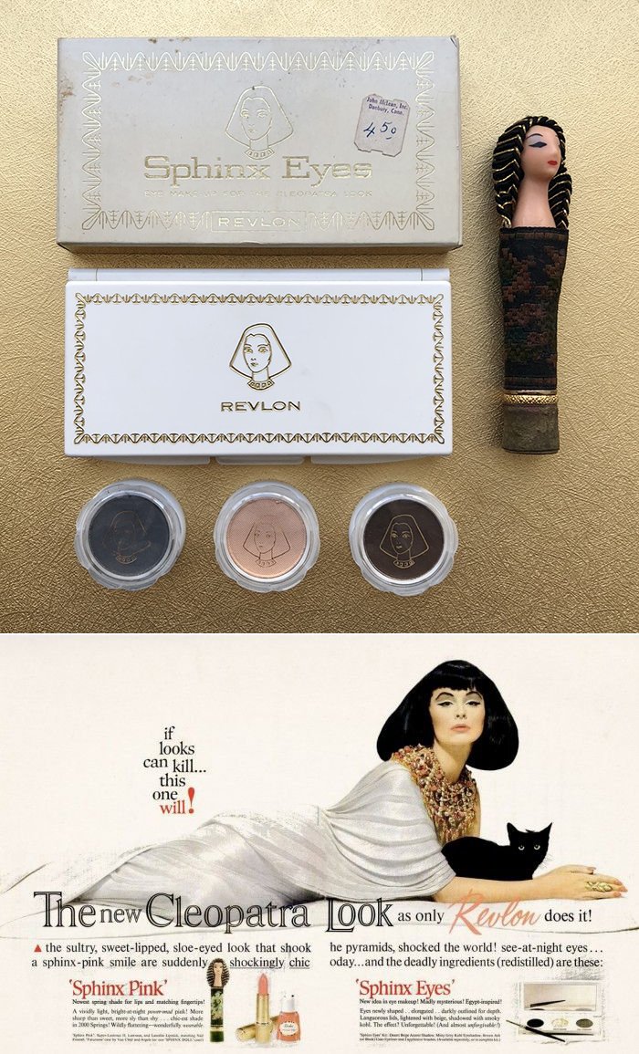   Sphinx Eyeshadows, Liner, Doll Lipstick Case and Advertisement Revlon, 1962   Nowhere in the cosmetics world is the seductive appeal conferred upon Cleopatra by the Western imagination more obvious than in Revlon’s Sphinx collection, intended as a 