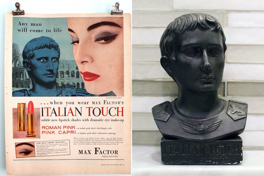   “Italian Touch” Advertisement and Store Display Max Factor, 1957   An ancient statue, based on the famous  Augustus of Prima Porta , is transfixed by model Virna Lisi as the Colosseum looms in the background. The advertising for Max Factor’s Italia