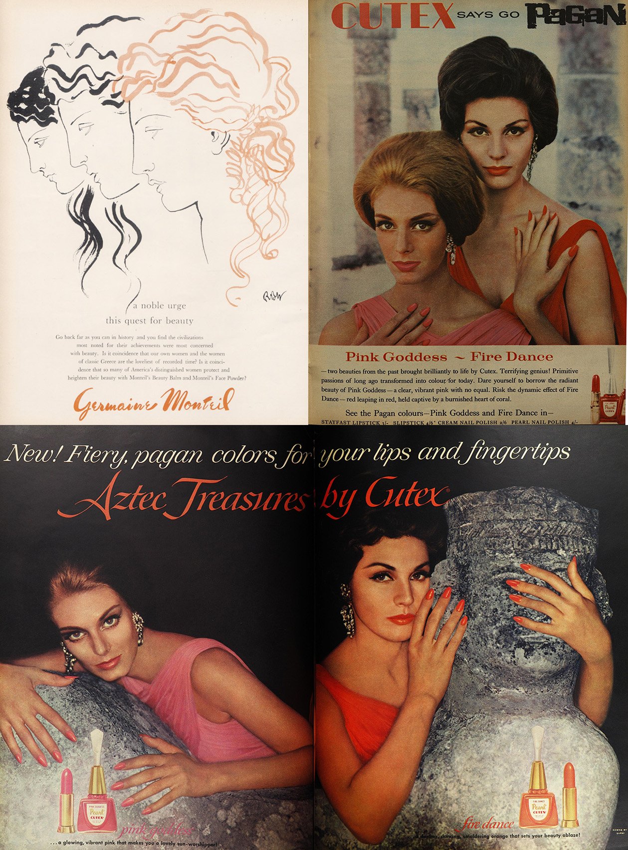   Advertisements Germaine Monteil, 1944 Cutex, 1961   Ancient Greek and Aztec cultures are treated very differently in ads by Germaine Monteil and Cutex. Greece is held in the highest regard (one of the “civilizations most noted for their achievement