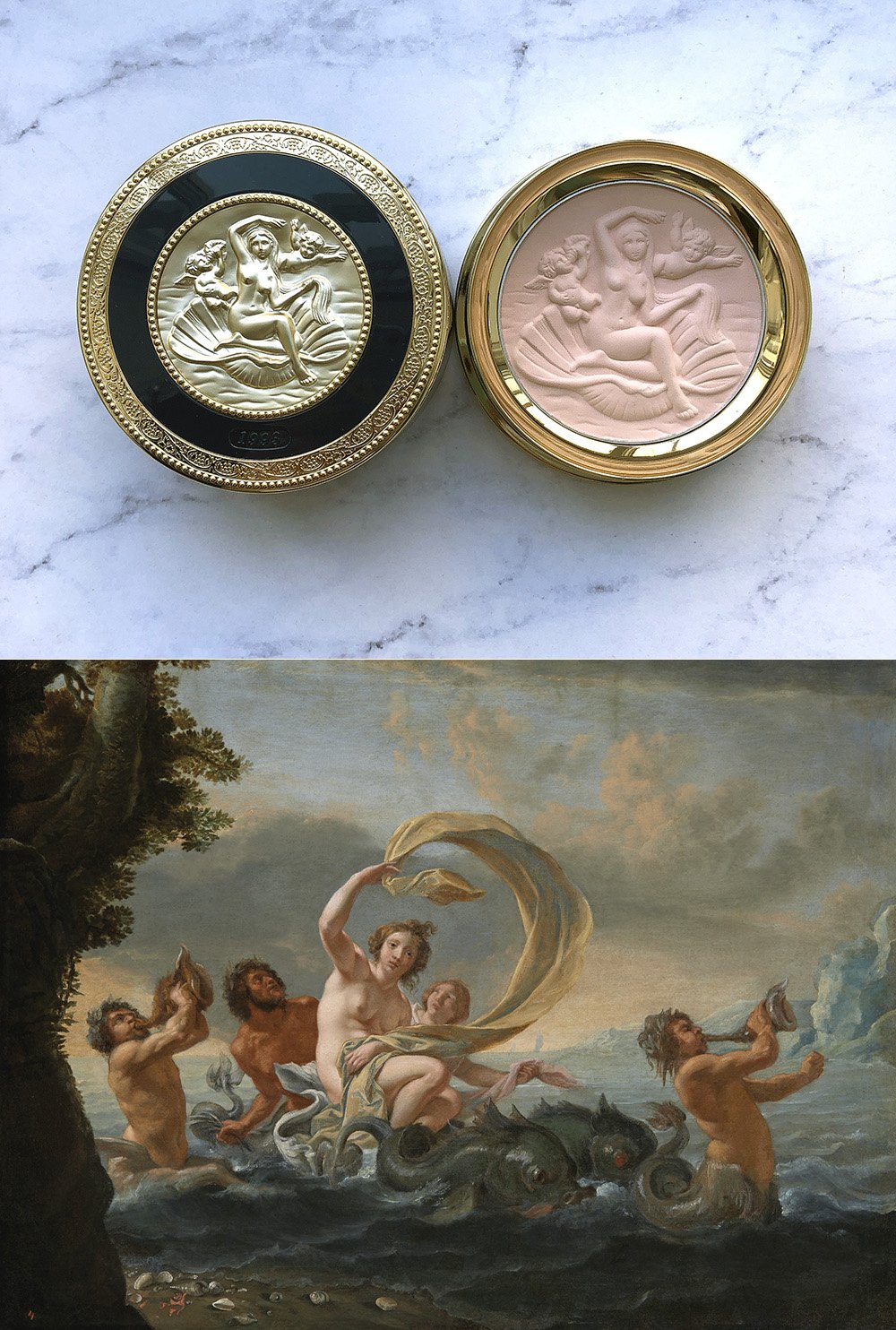   Milano Compact Kanebo, Holiday 1993   Beginning in 1991, each holiday season Japanese company Kanebo releases ornately designed compacts featuring goddess-like figures whose draping and poses referencing allegorical paintings of the Neoclassical er