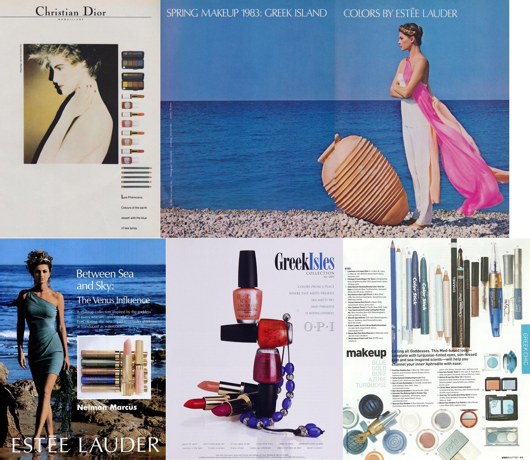   Advertisements: Dior, Spring 1983; Estée Lauder Spring 1983 and Spring 1992; OPI, Spring 2004; Women’s Wear Daily, March 2005   The geography of Greece serves as inspiration for a number of seasonal color stories focused on beige tones and shades o