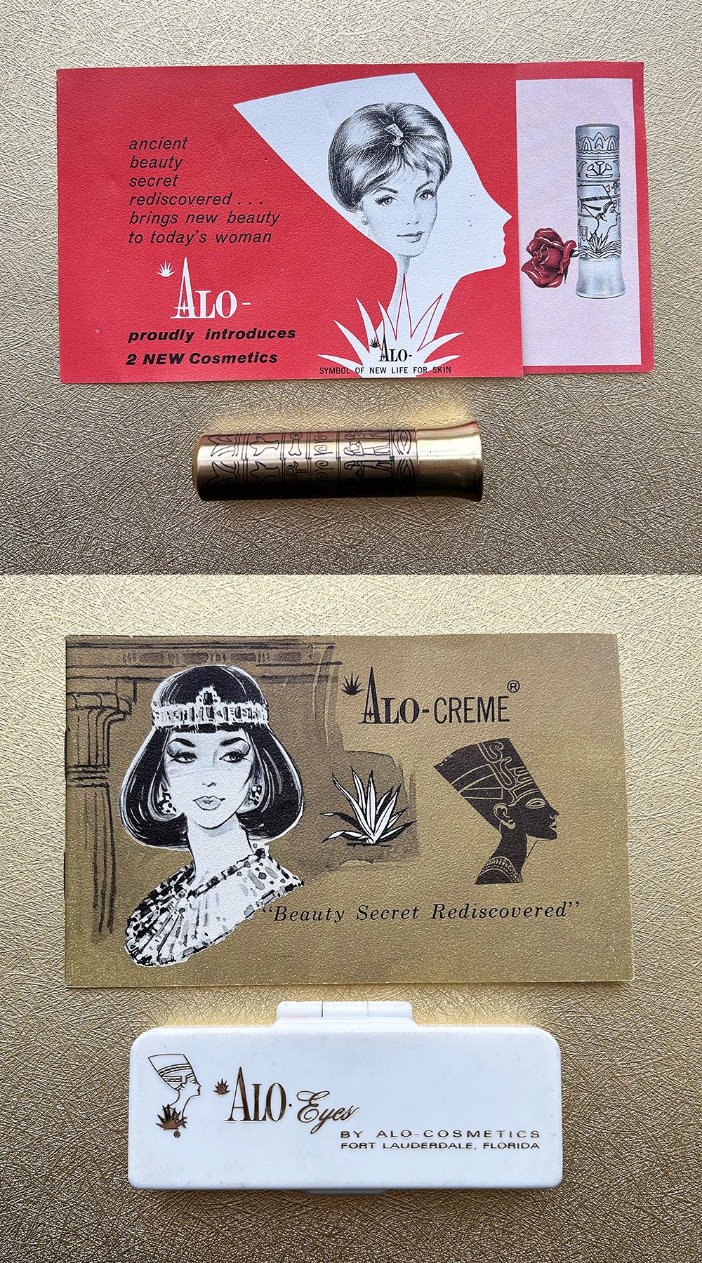   Brochures, Lipstick and Eyeshadow Alo Cosmetics Ca. 1960s   While aloe vera was used in commercially available skincare since the 1950s, Alo was possibly the first brand to infuse color cosmetics with the ingredient. Aloe Crème Laboratories was fou