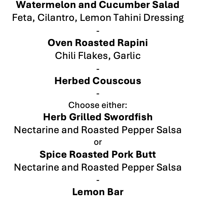Thursday, July 30th Menu