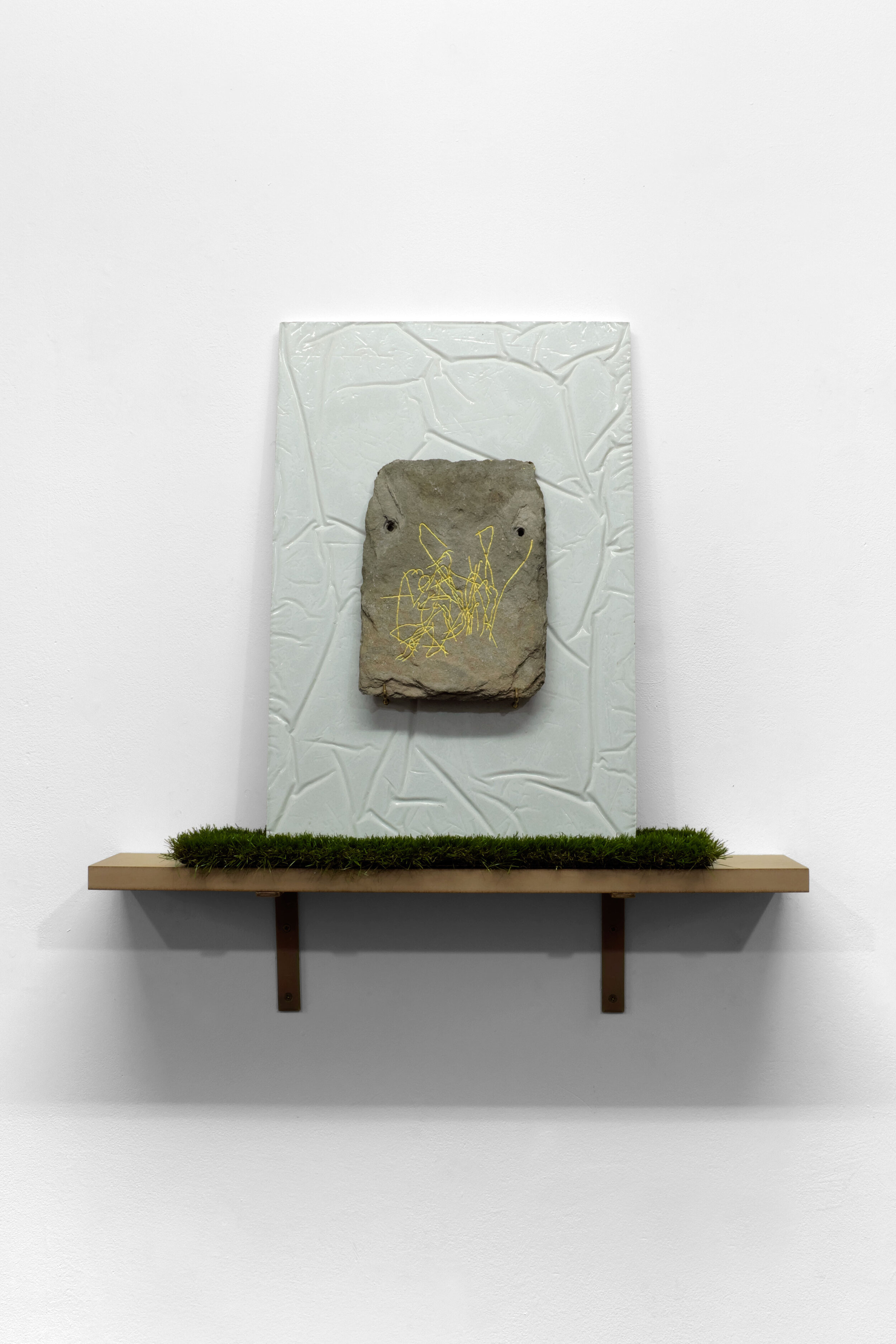   Altar Stone VI , 2019, slate, acrylic paint, concrete, artificial grass, pdf, steel, 75x80x15cm 