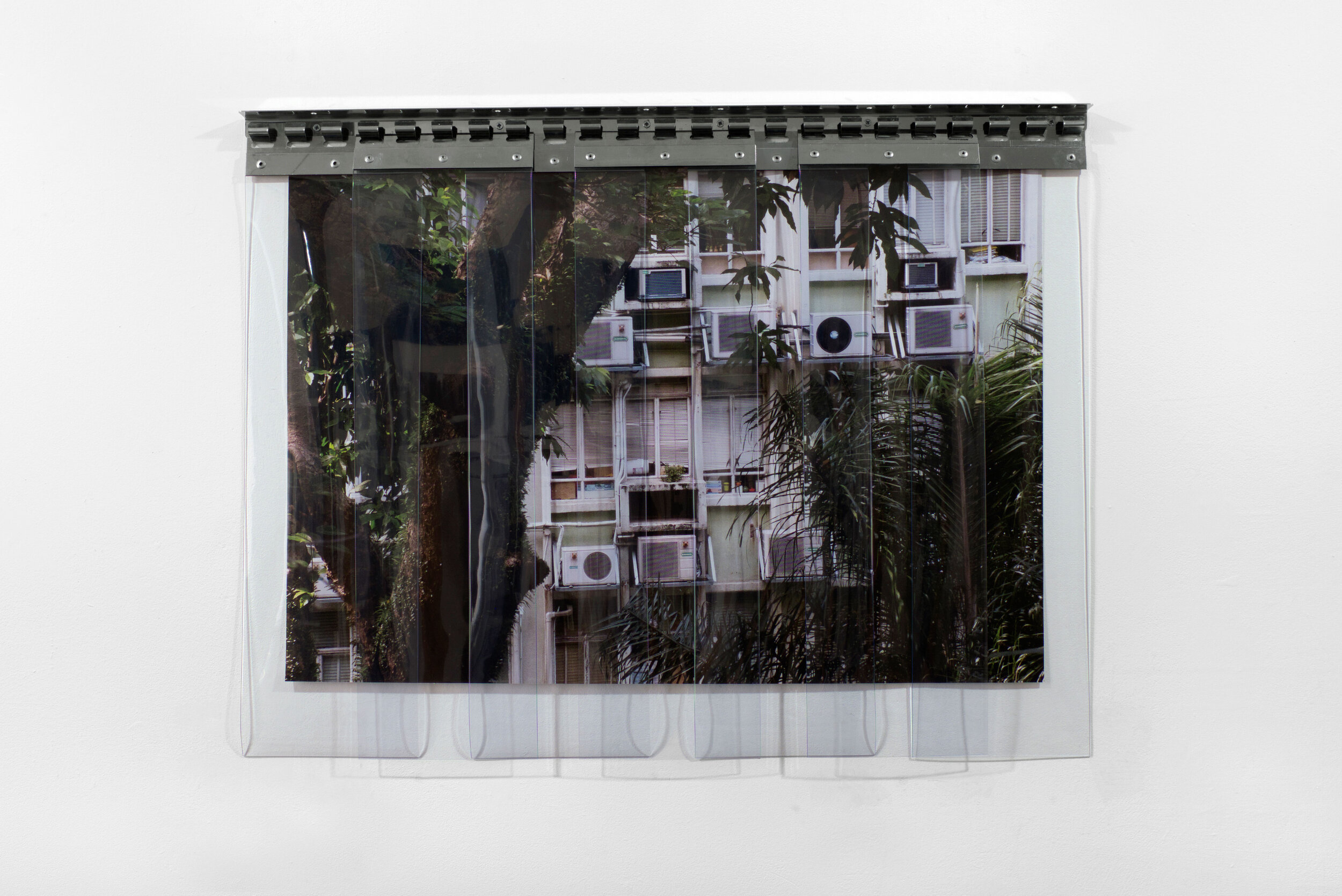   Acclimatising , 2018 UV Vinyl print, PVC strip curtain, metal 69x93cm 