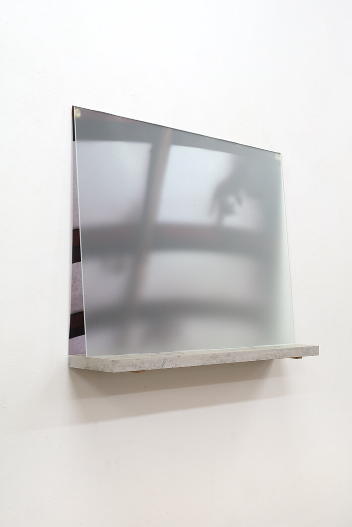   Memorial , 2018,84x15x63cm,Glass, PVC vinyl print, limestone and stainless steel 