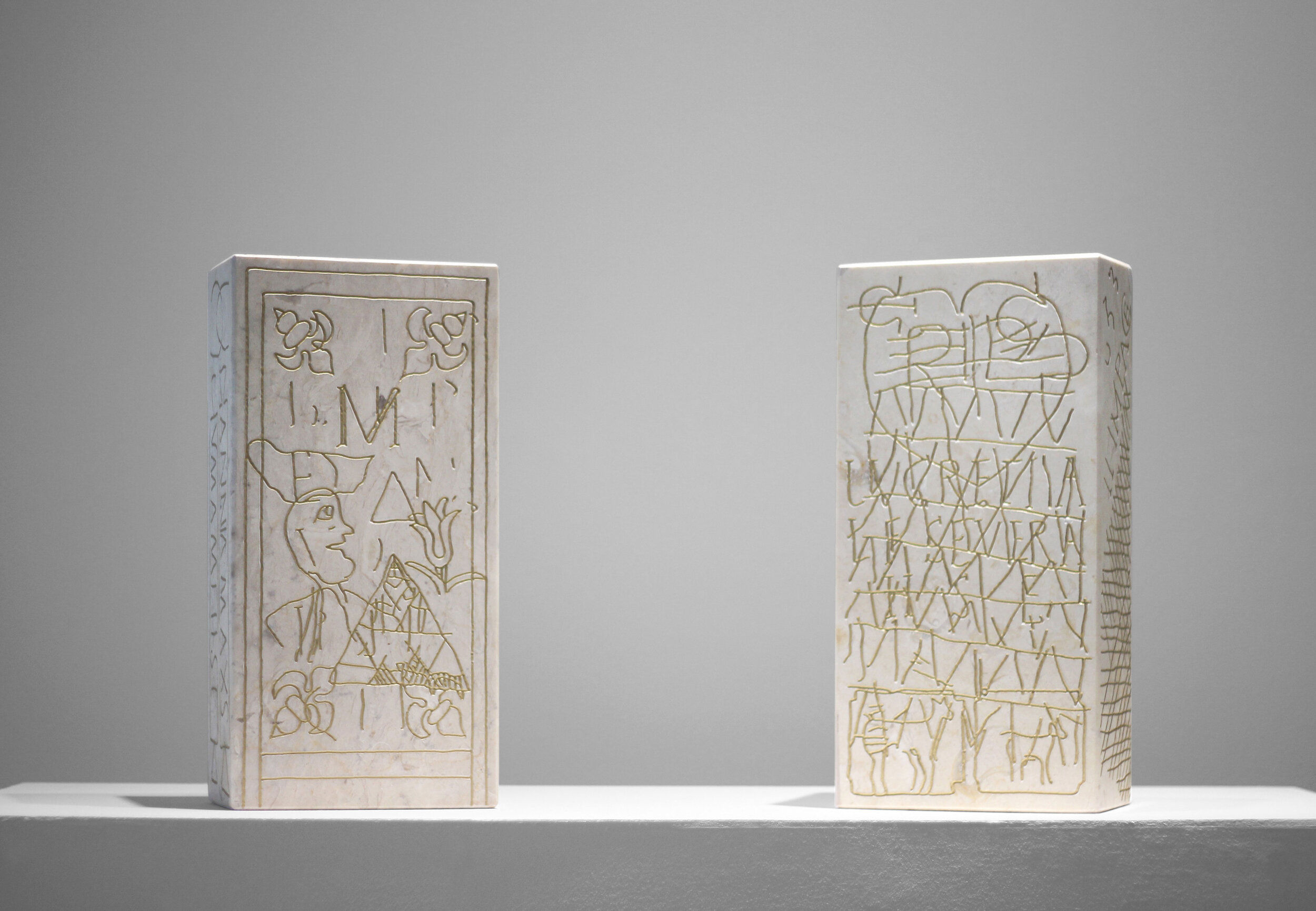    The bones that await yours (Ex-Voto 2)    &amp;&nbsp;   To the goddess, willingly and with reason (Ex-Voto 1)  , 2019, limestone and ink, 40x20x10cm,  