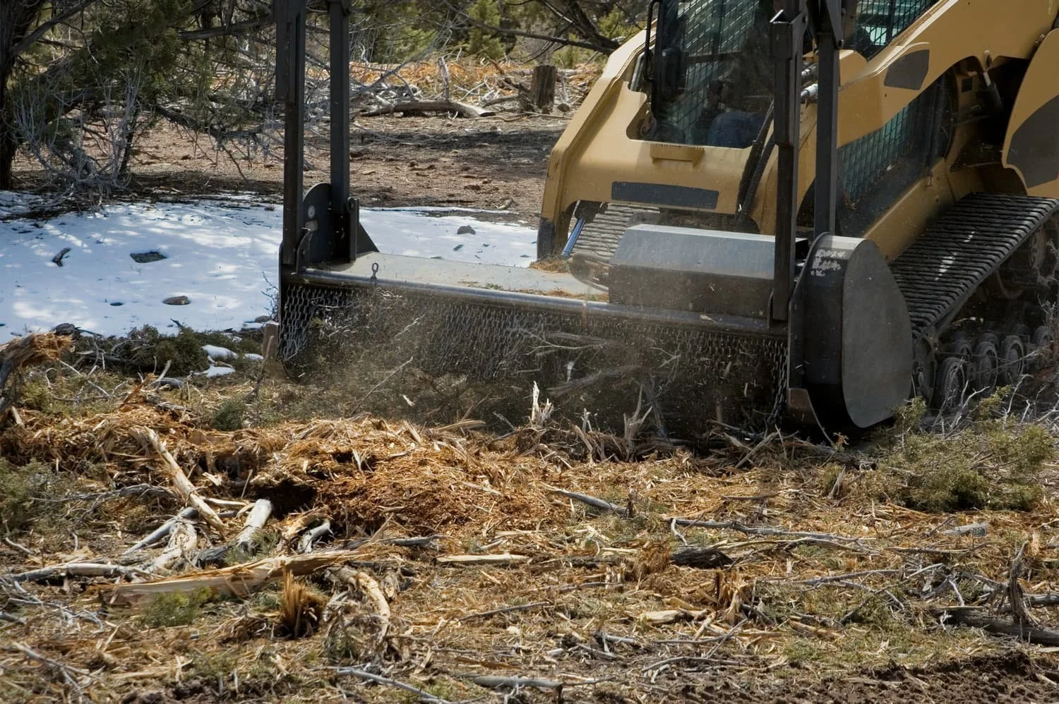Forestry mulcher shredding trees and brush at ground level