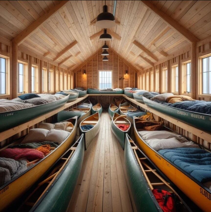 The Big Reveal! Lots of people have been asking what the inside of our new building at camp looks like. Here it is! 
We're using half of this building to solve 2 challenges at camp: more staff sleeping spots, and more canoe storage! 
Have a canoe tha