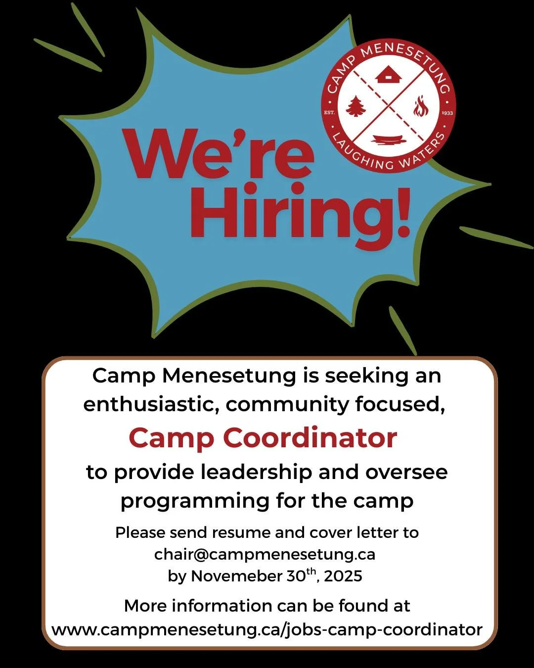 Camp Menesetung is hiring a Camp Coordinator! We&rsquo;re looking for someone who is enthusiastic, community focused and is able to provide leadership while overseeing programming for camp. Send your resume and cover letter to chair@campmenesetung.ca