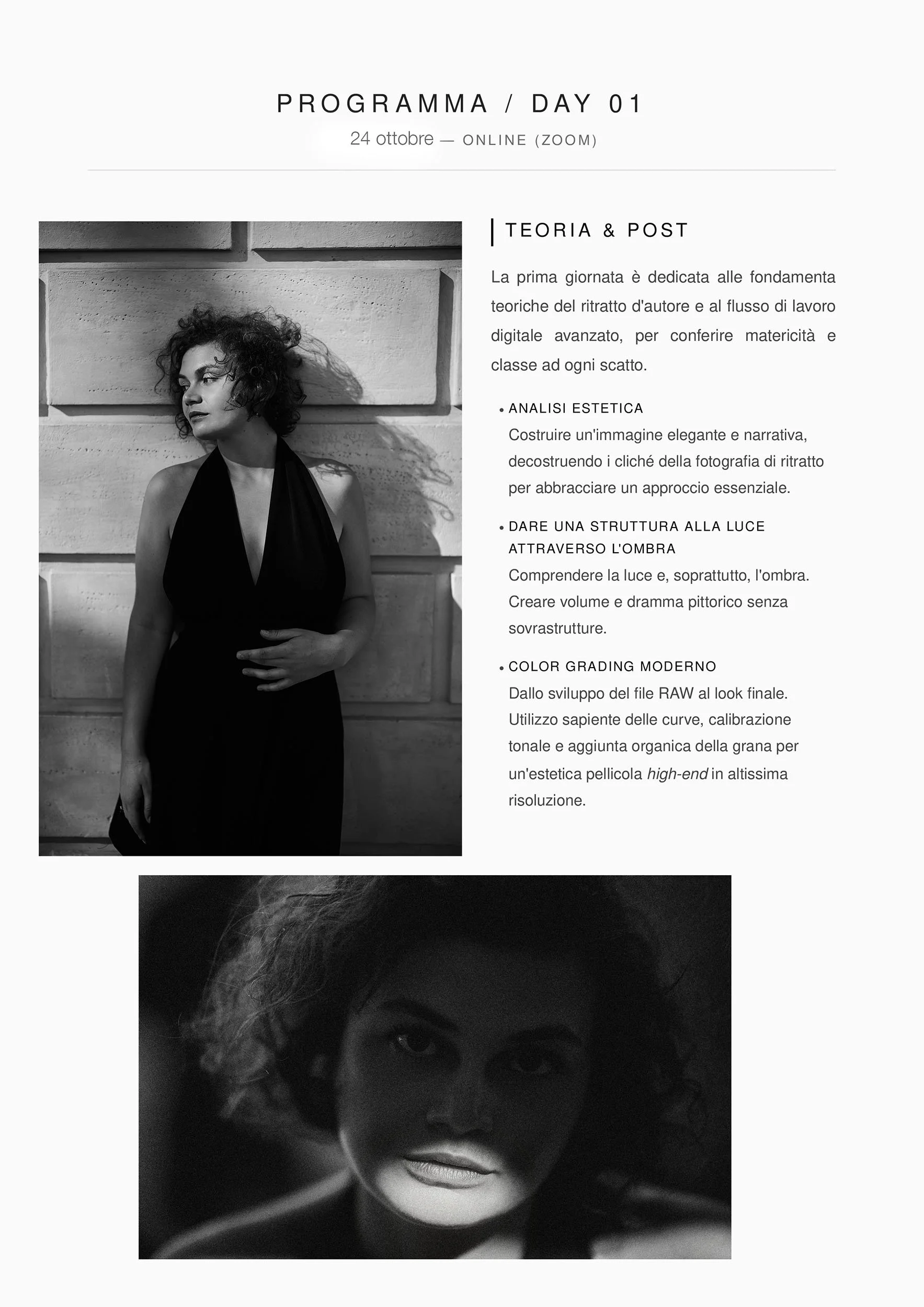 Schedule for the first day of the photography course: aesthetic analysis, the structure of light, and modern color grading for RAW files. Layout featuring two high-contrast black-and-white artistic portraits.