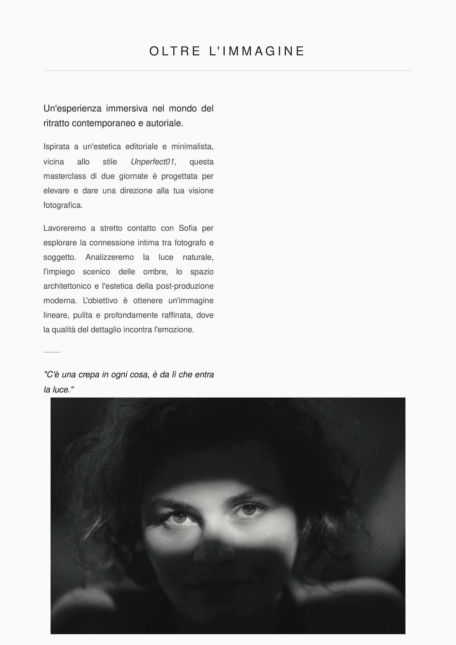 Introductory text for a photography workshop focusing on editorial aesthetics. It features a striking black-and-white portrait with a sharp, dramatic shadow across the model's face.