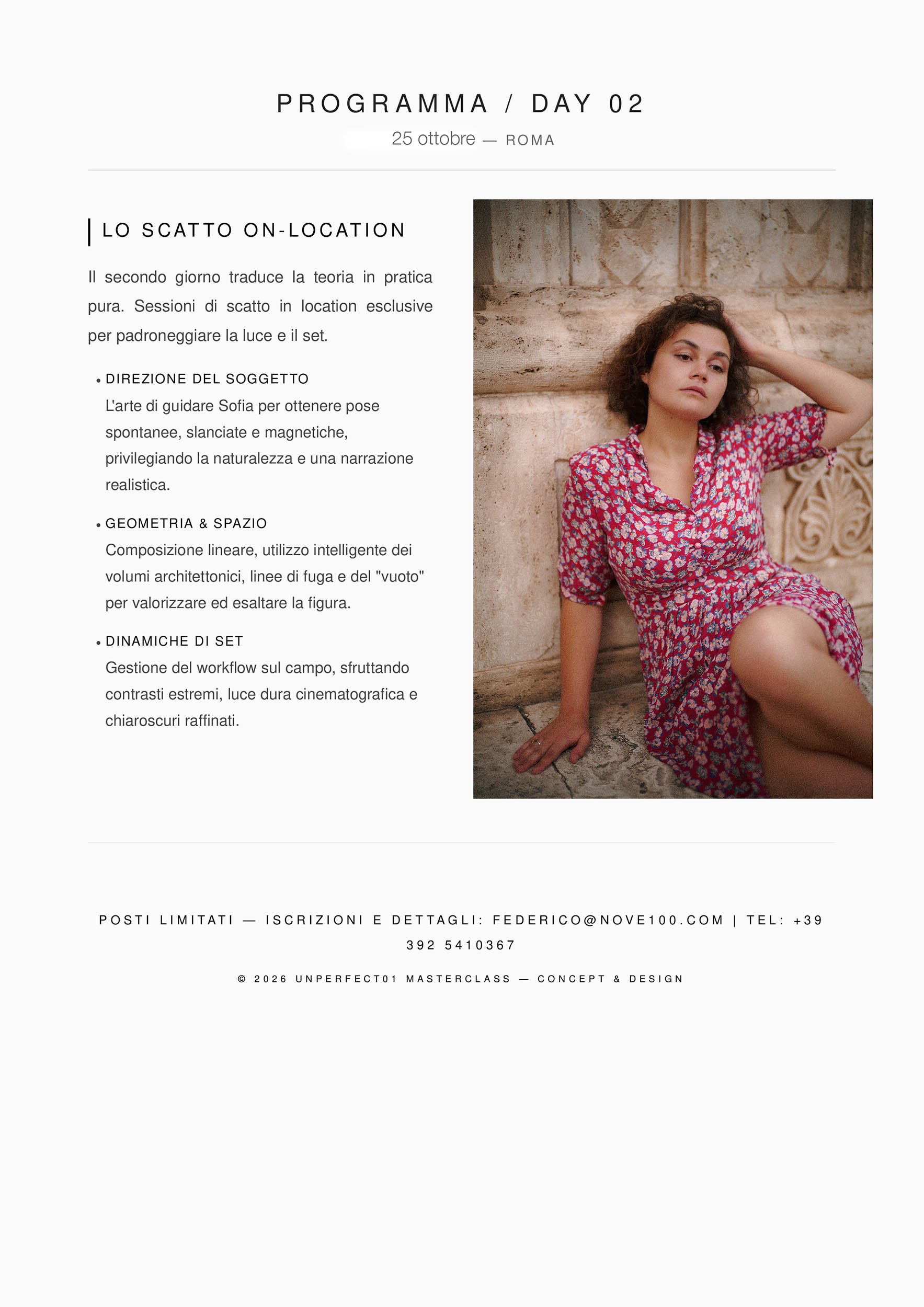Schedule for the second day of the masterclass in Rome: on-location photography, geometric composition, and subject direction. A graphic design accompanied by a color portrait with a consistent color palette and a natural pose.