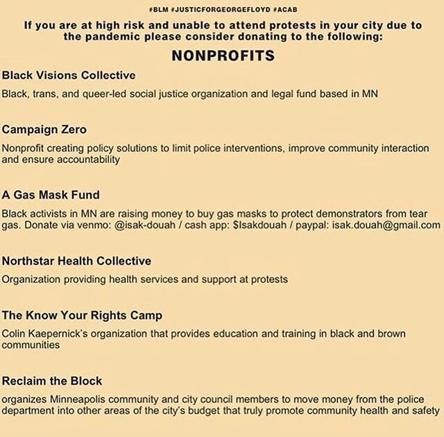 Donate if you are able. Donate to bail funds to bail out protestors who have been arrested. I&rsquo;m not sure who compiled this list, but thank you. Redistributing wealth is a great way to give up your power as a white and non black poc person. If y