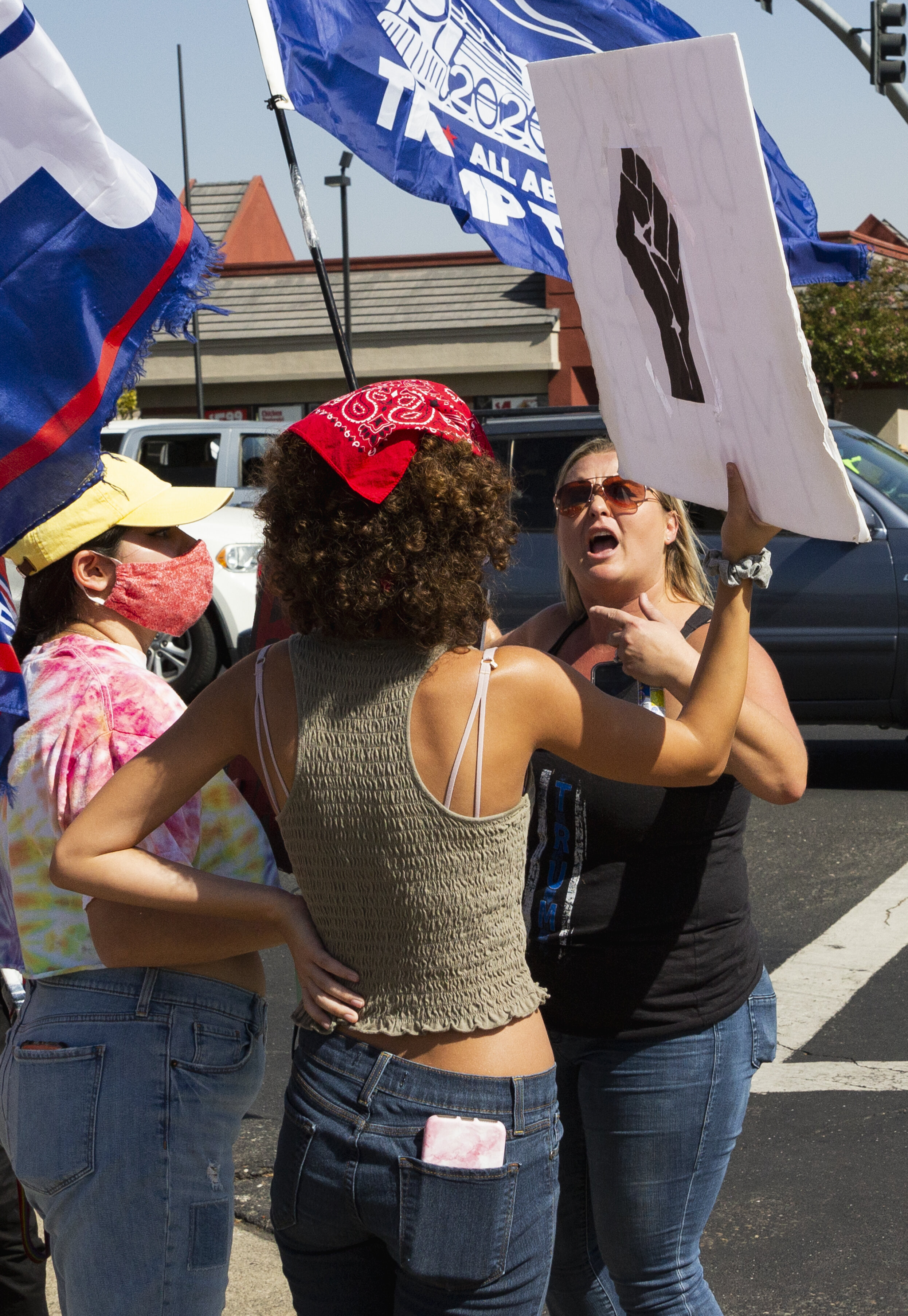 News A Trump supporter engages in verbal conflict with a Black Lives Matter supporter at a Trump rally in Roseville, Ca. Photo taken by: Sarah Hussey