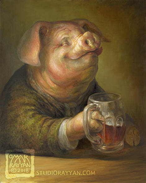 Pleased Pig in a Pub with a Pint