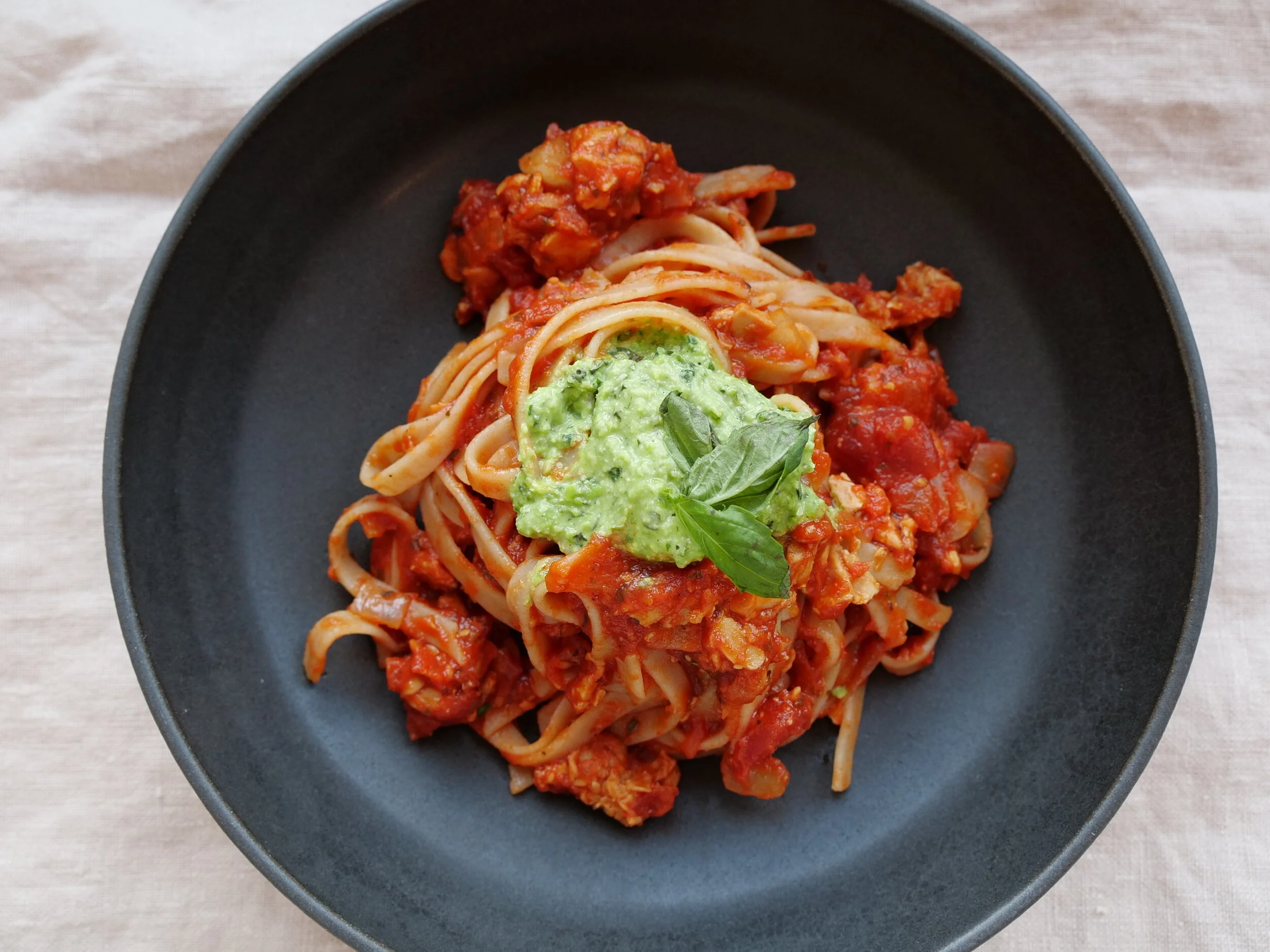 Tempeh Bolognese + Basil Pea Pesto