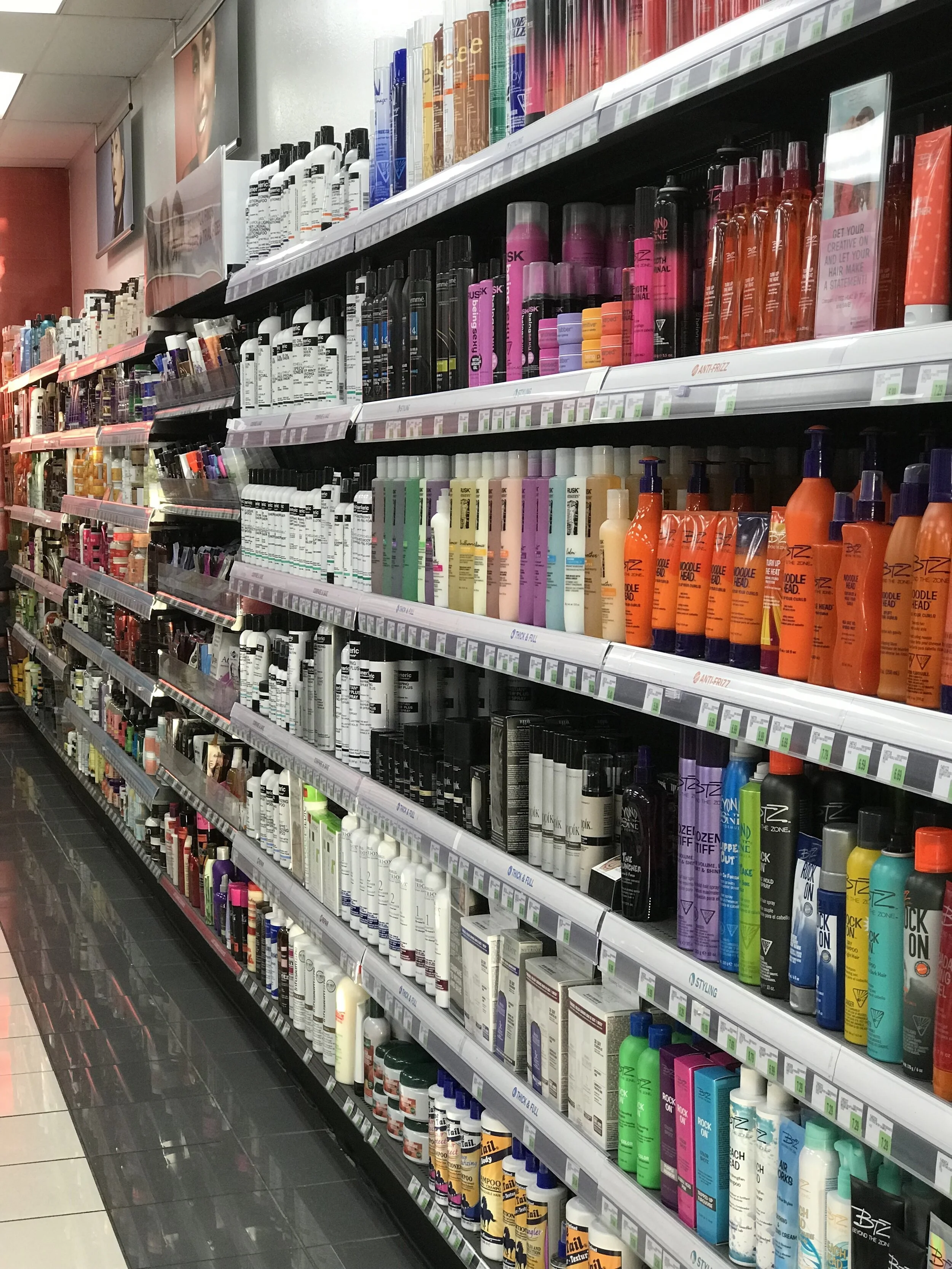 Hair product aisle in Sally Beauty.