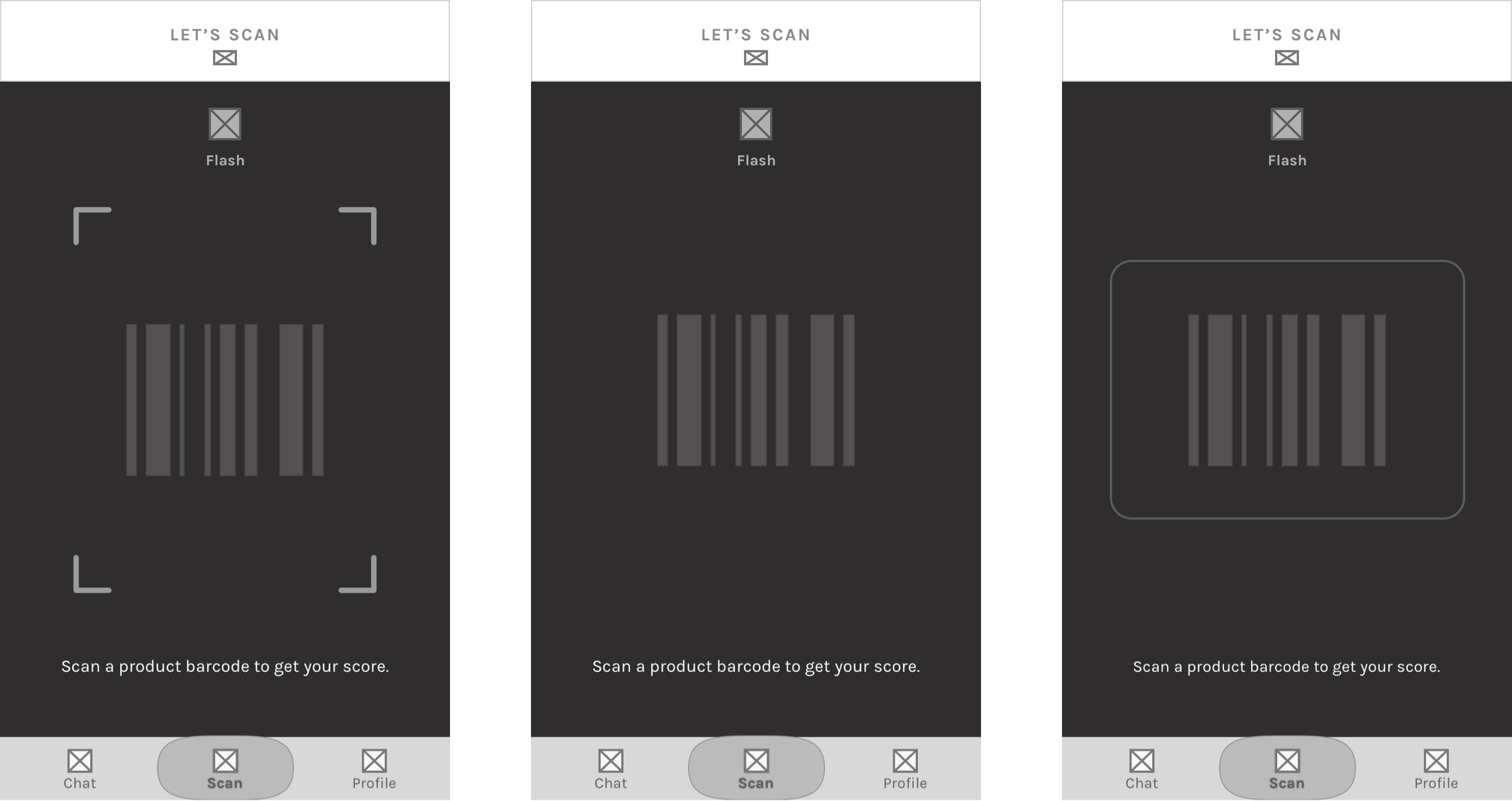3 barcode scanner wireframe designs.