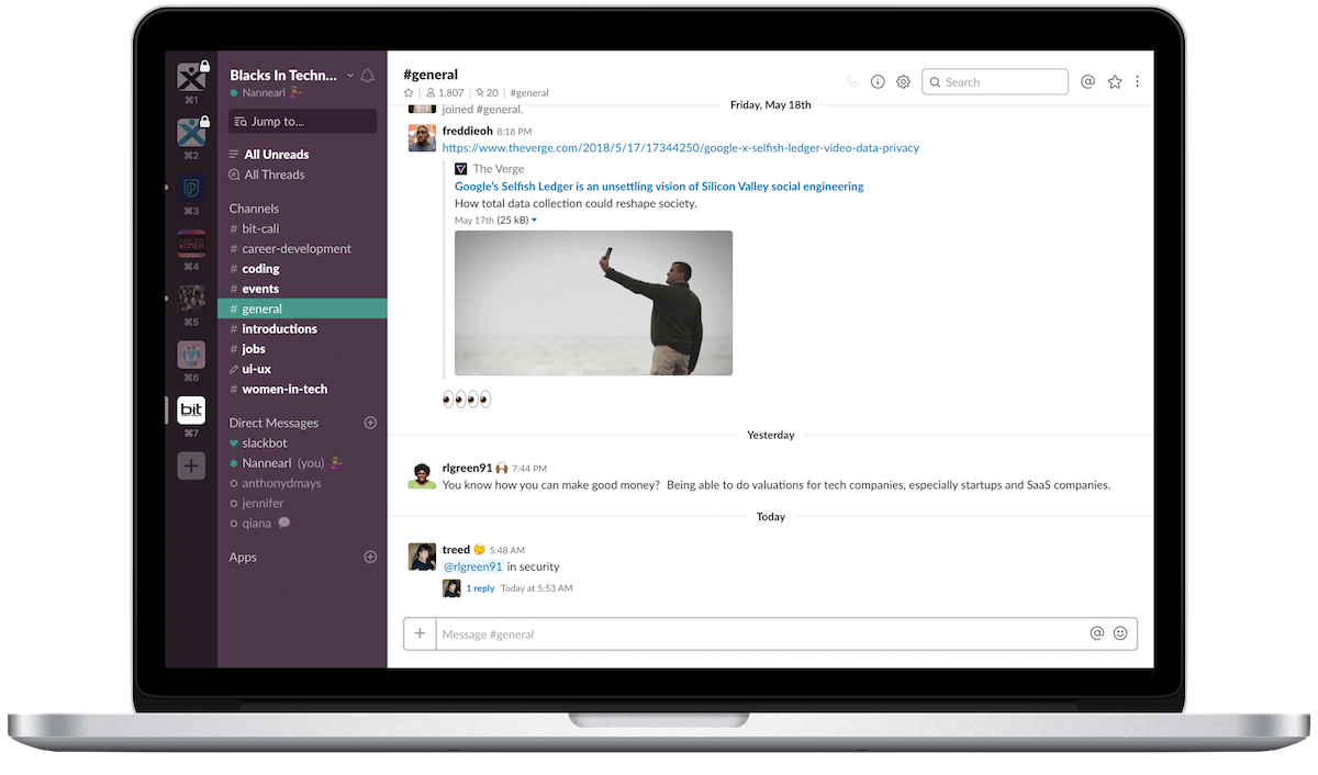 In the desktop app, the workspaces are listed on the left by each group's icon. If a user belongs to several workspaces, they have to select the workspace in order to see the communication that takes place within each workspace's active channel.