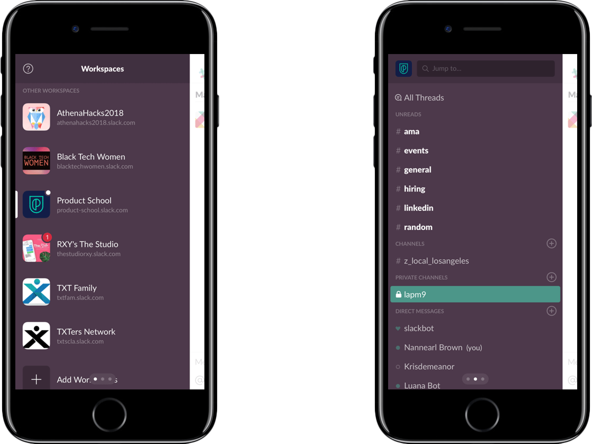 Within workspaces, users must navigate between channels to communicate. In the mobile app, users must select the workspace they desire and are required to swipe (left or right) in order to select different channels in which they wish to communicate.