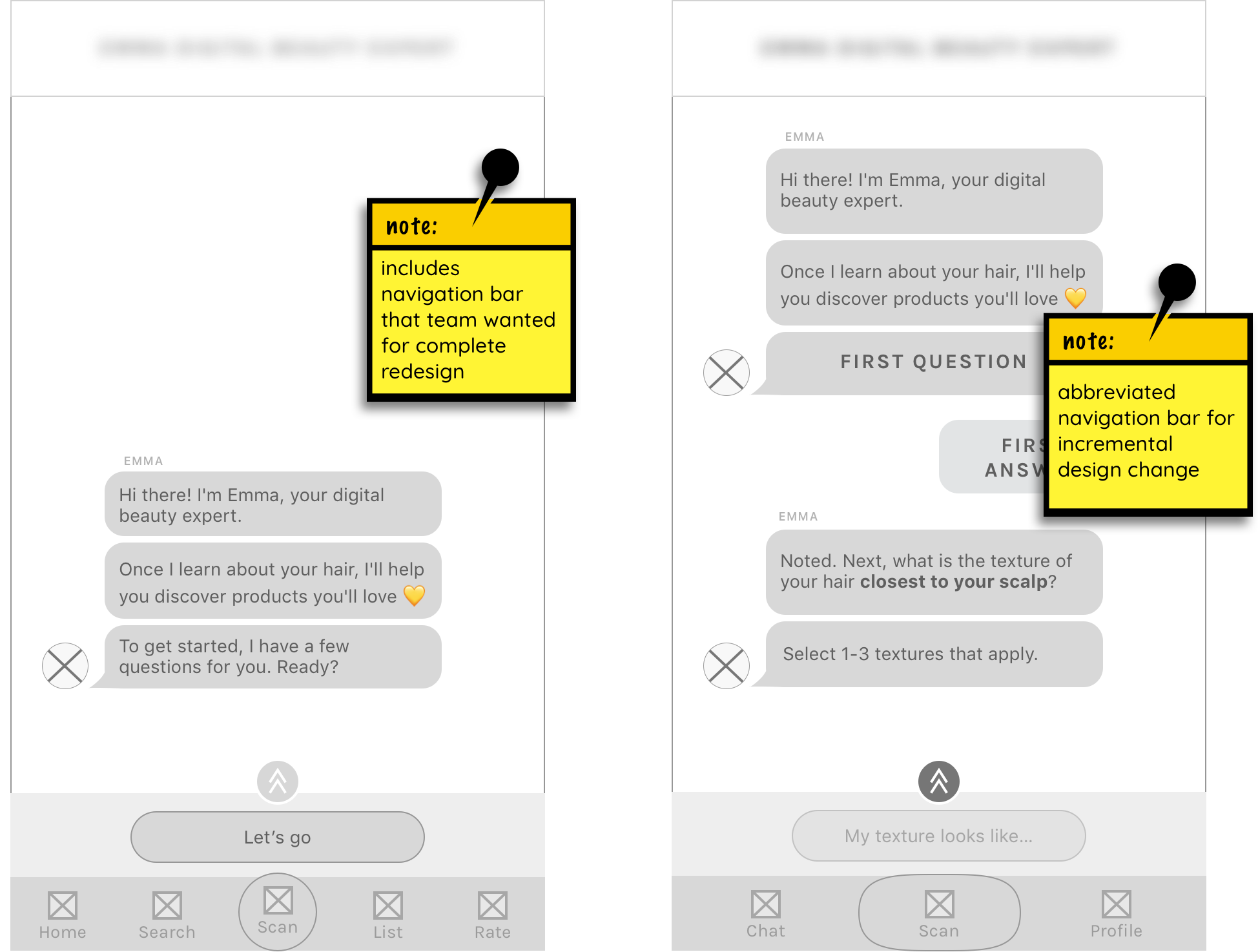 Wireframes with redesigned navigation.
