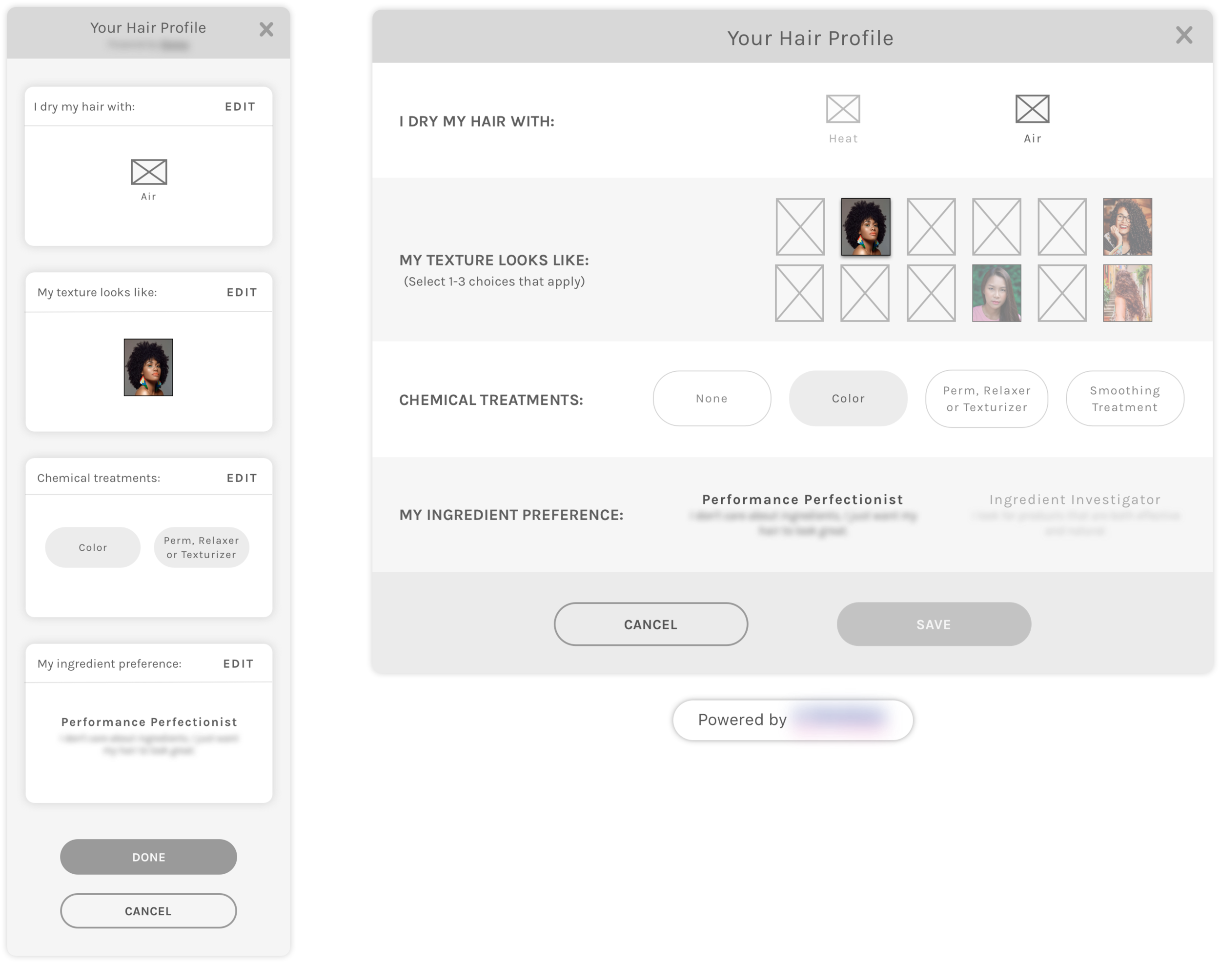Mobile and desktop profile wireframe screens.
