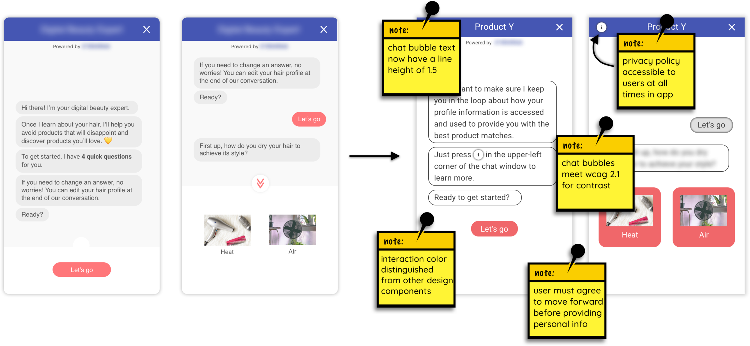 Examples of the accessibility, IxD principles, and CCPA guideline updates that I implemented.