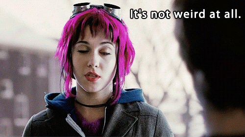 GIF of woman shaking her head saying, “it’s not weird at all.” (credit: giphy.com)
