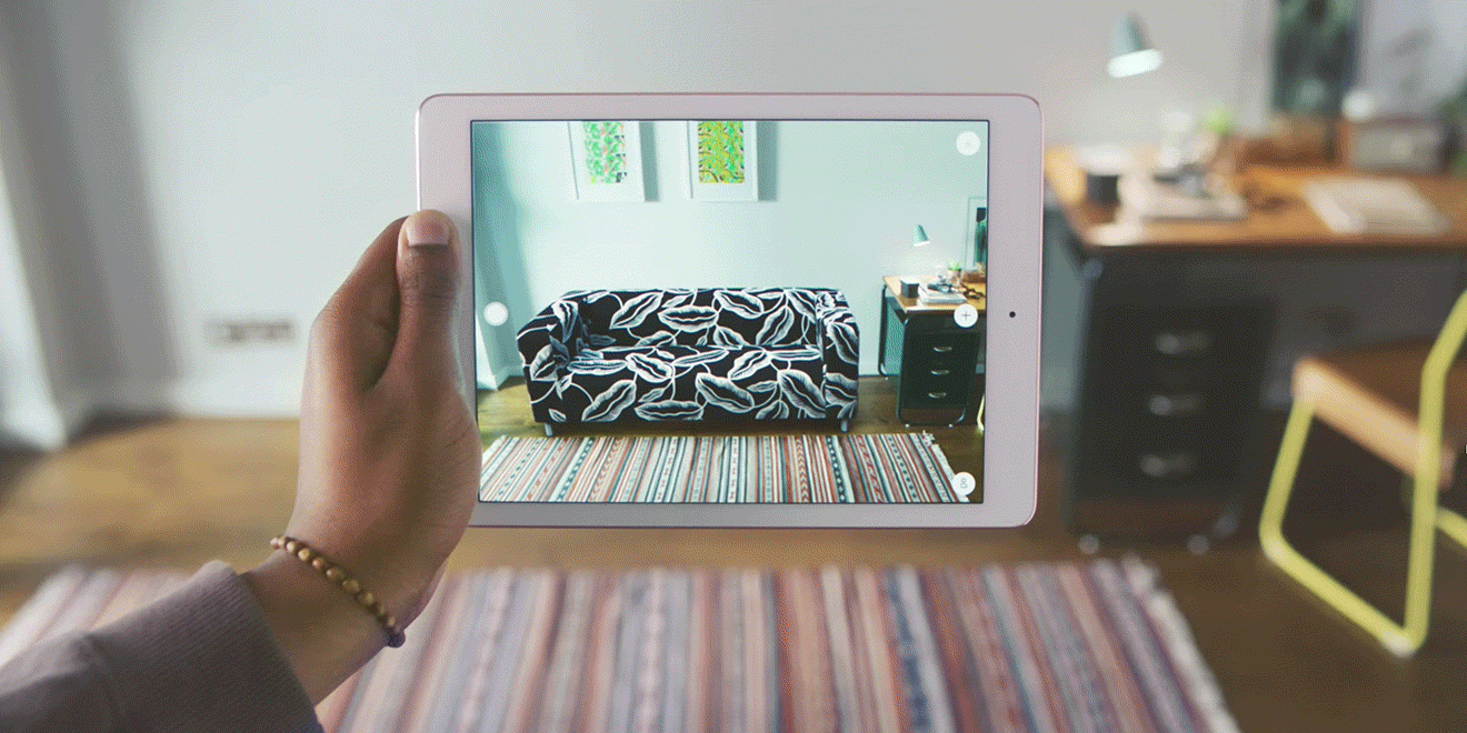 GIF of augmented reality app virtually fitting different kinds of furniture. (credit: learning.g2.com)