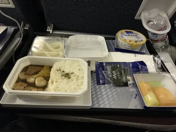 Image of one of the meals served on my flight to Tokyo. It was shrimp curry with some tasty sides!