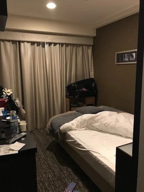 Picture of the small hotel room described in the blog post containing a bed, desk, and dresser.