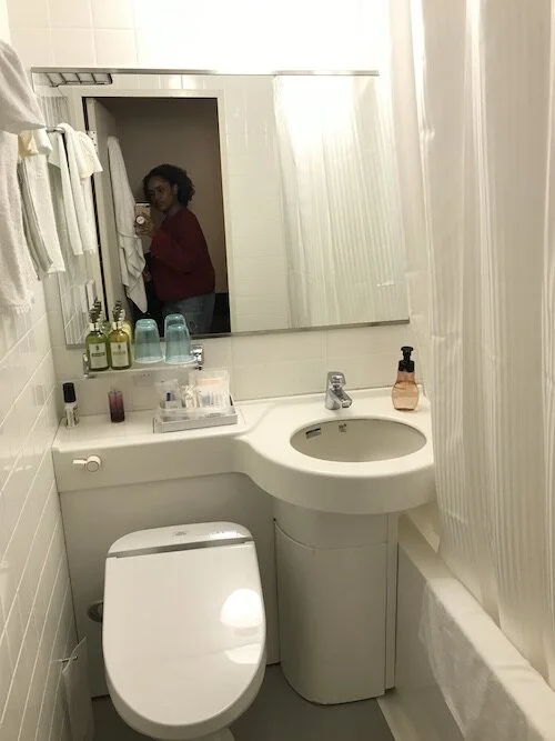 Picture of the small bathroom described in the blog post containing a toilet (with heated a heated seat!), sink, and bathtub in addition to toiletries.