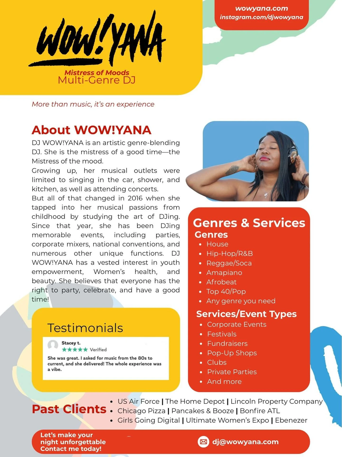 The WOW!YANA One-Pager. Check out who am I , what I do, who I&rsquo;ve worked with, and how I can help make your next event a memorable experience. DM or email me for more info. 
.
.
.
#wowyana #femaledj