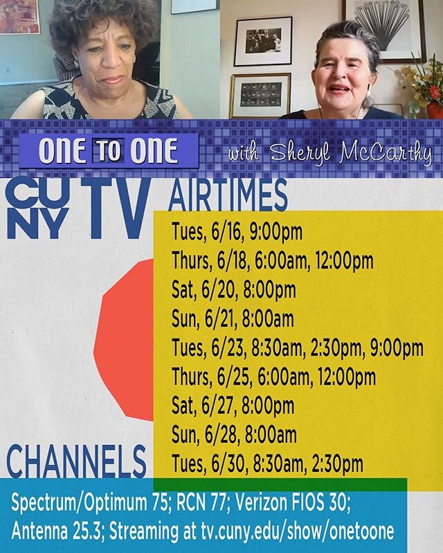 Premiering tonight at 9pm: my One to One conversation w/ Sheryl McCarthy on @cuny_tv! A pleasure to speak with Sheryl again. Airtimes &amp; channels listed here. The interview will start streaming online tomorrow at the link in my bio. #cunytv #oneto