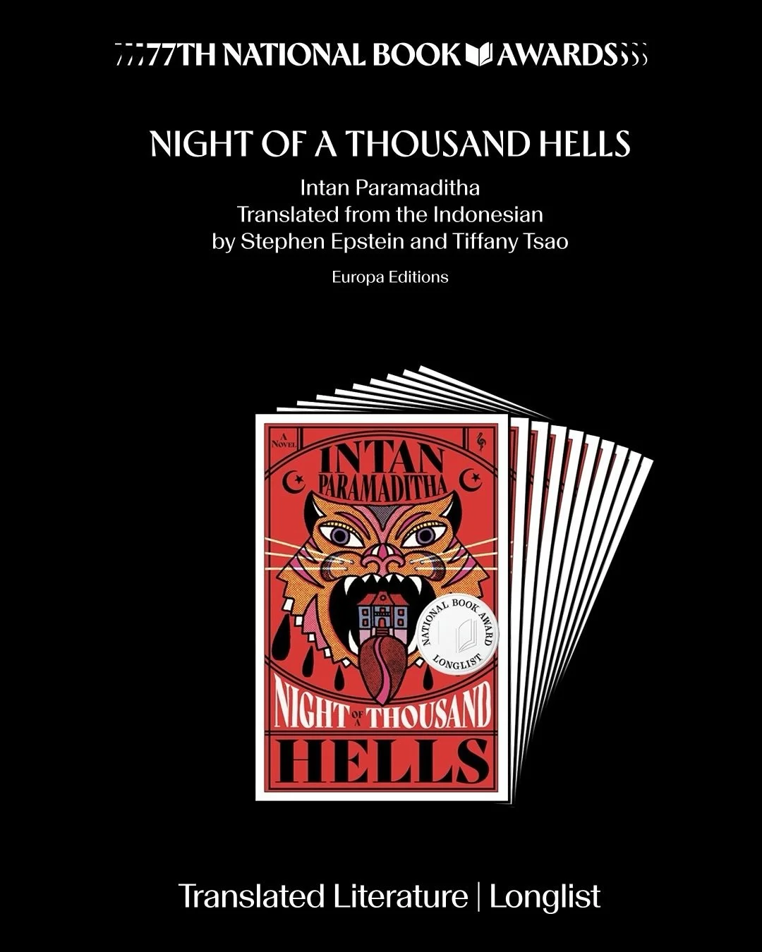 Honoured and delighted that Night of a Thousand Hells (Malam Seribu Jahanam) has been longlisted for the 2026 National Book Award for Translated Literature @nationalbookfoundation. This is the first time a book translated from Indonesian has appeared